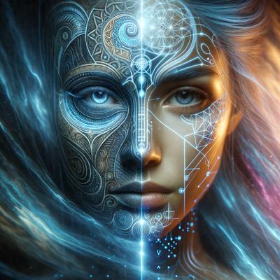 The primary subject of the image is a woman with a unique and intricate tattoo design on her face. The setting is a blue background, which complements the woman's tattoo. The visual style is a digital art or illustration, showcasing the woman's artistic and creative expression. The colors and mood of the image are predominantly blue, creating a serene and calming atmosphere.